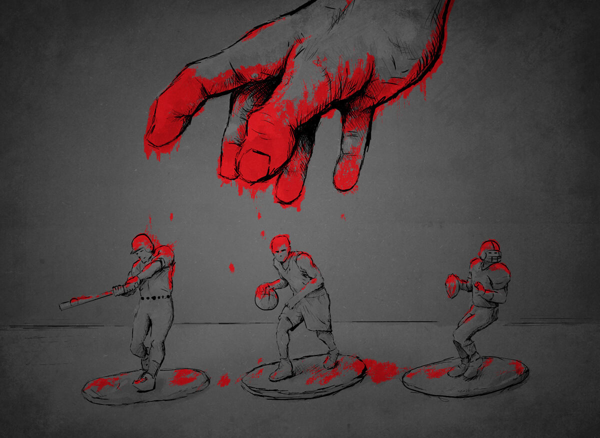 A bloodied hand reaches for sports figurines sitting on a calm flat surface.