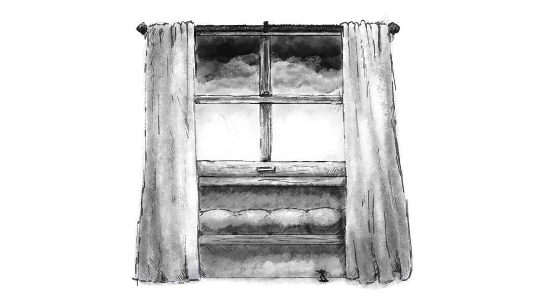 A black-and-white pencil sketch of a calm, lonely window. Outside dark clouds gather; inside, a toy soldier sits on the floor by a bench in front of the window.