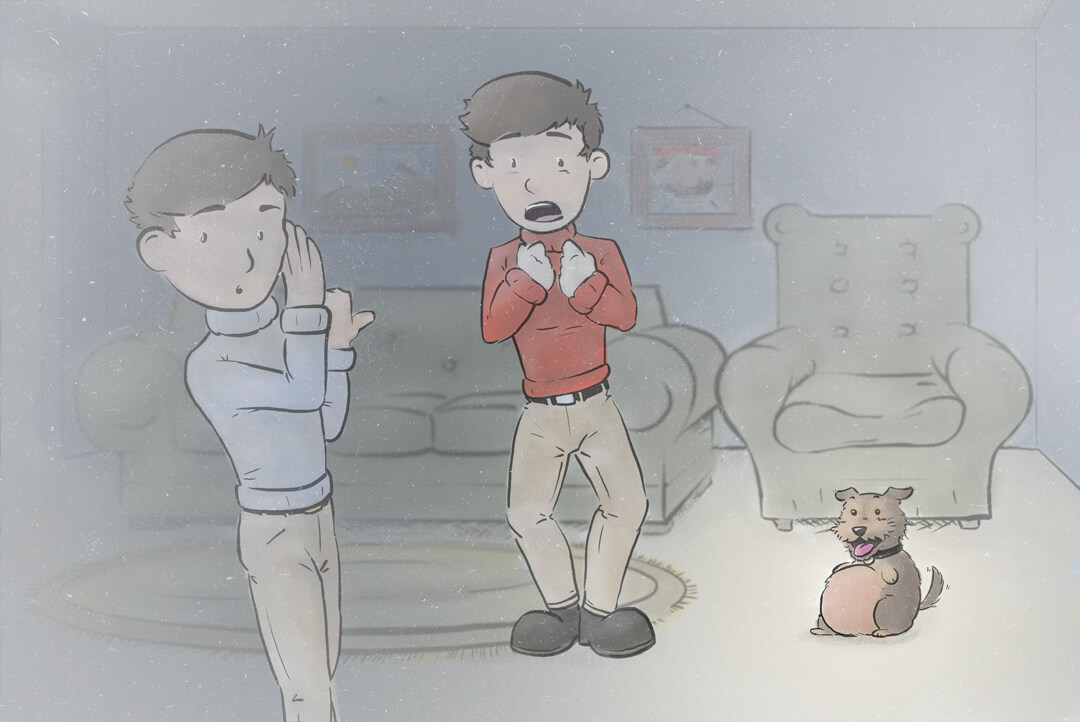 Illustration of Henry semi-secretively gesturing in accusation toward his twin brother, who looks shocked and horrified. On the floor, a small dog sits looking very fat and very obliviously happy.