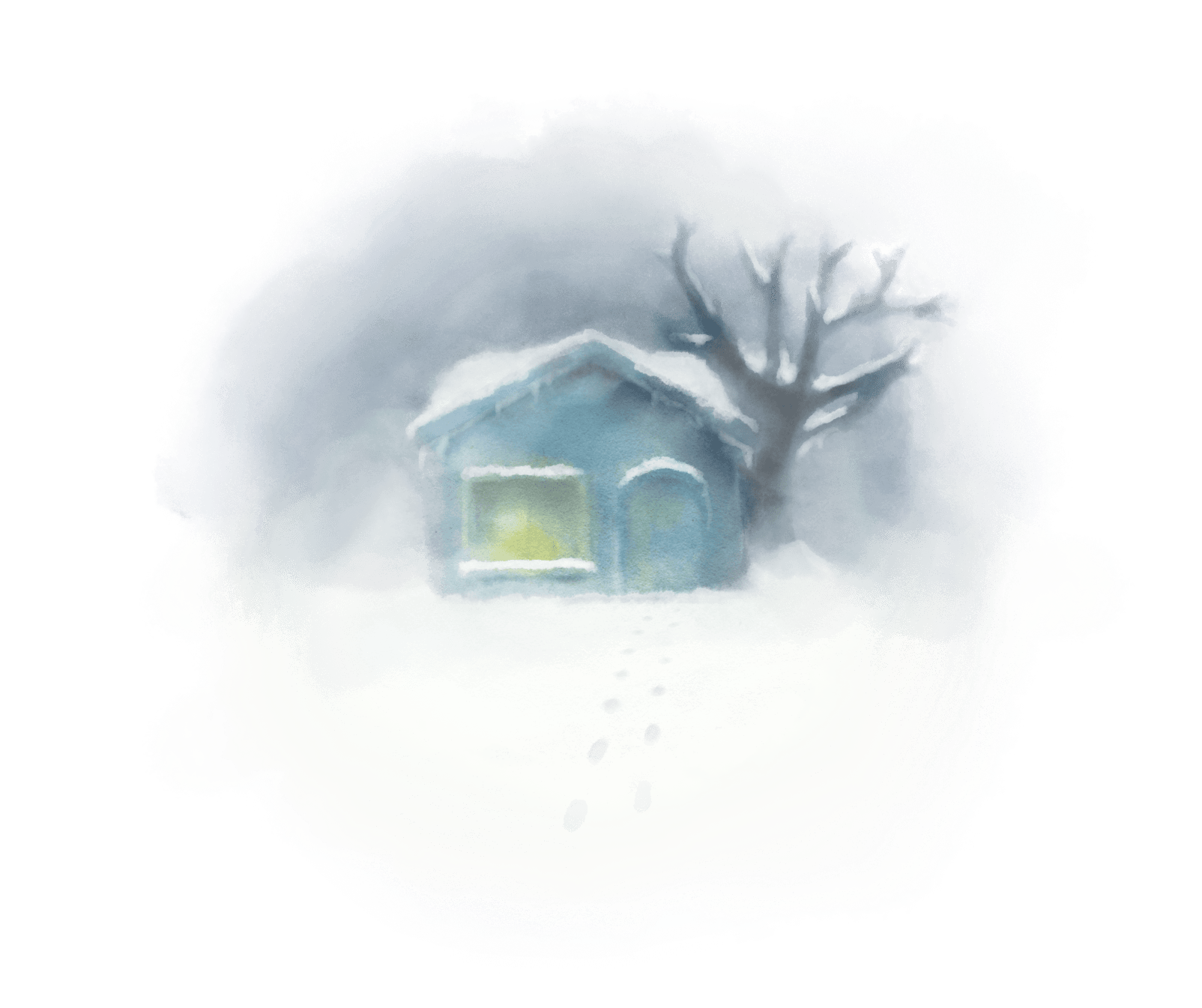 A house in the snow, footsteps leading away from the door.