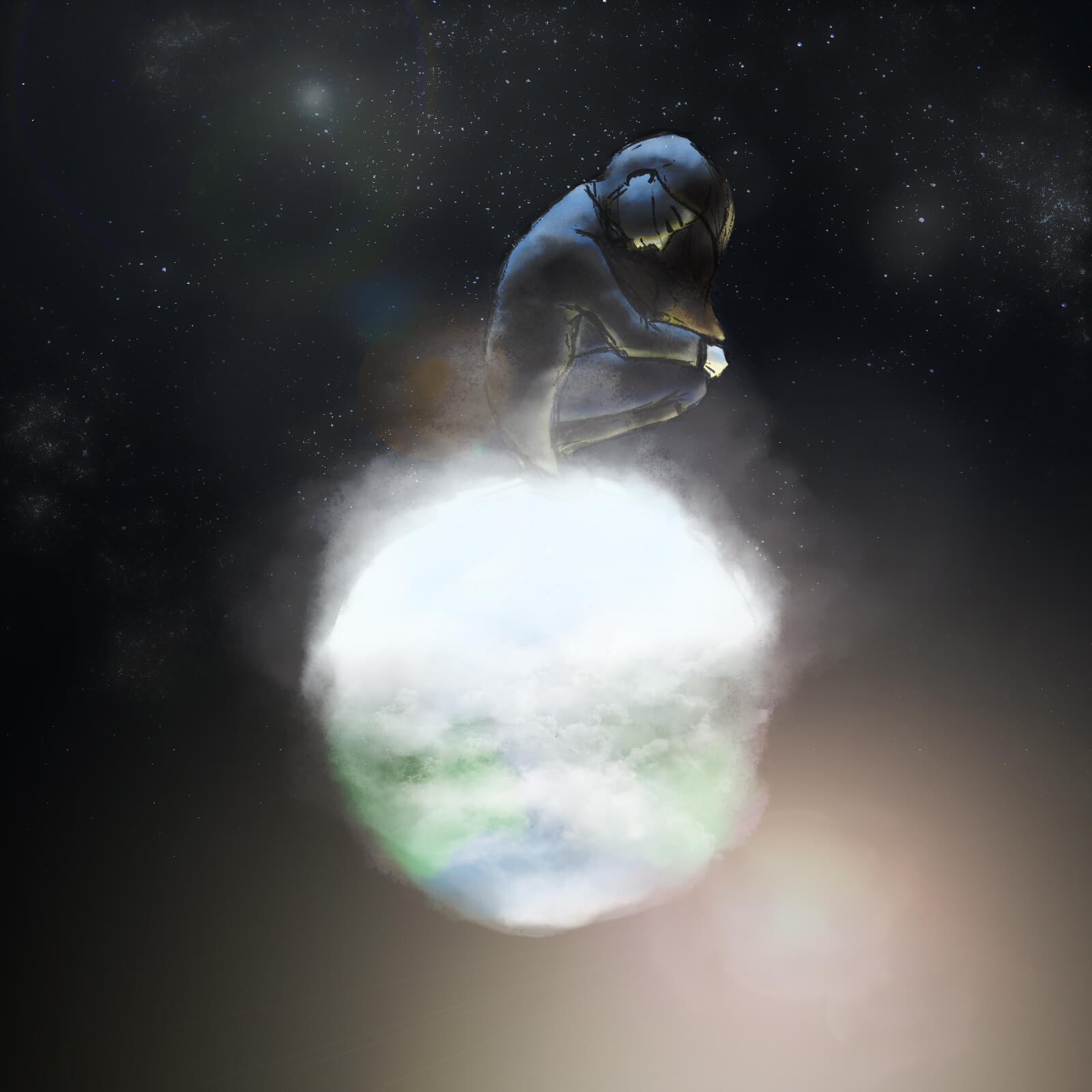 A woman sits atop a tiny frozen planet in space, looking downward at a warm light with a faint smile on her face.