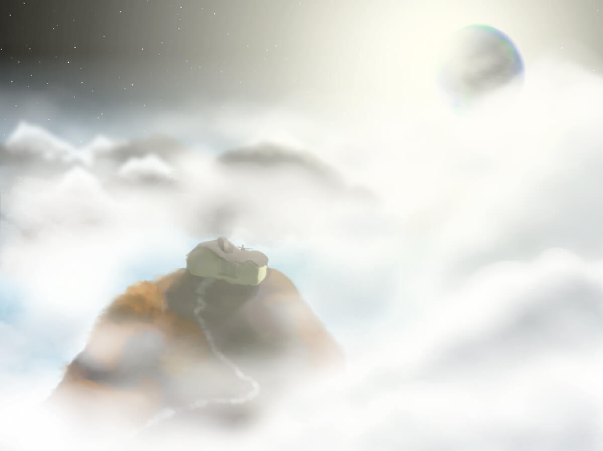 A small house sits on top of a mountain top shrouded in clouds. On its balcony, a single figure stands and watches the sun rise behind a nearby planet in the sky.