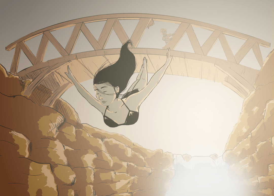 A girl swan dives off a bridge into a river below as a boy watches hesitantly from the bridge above