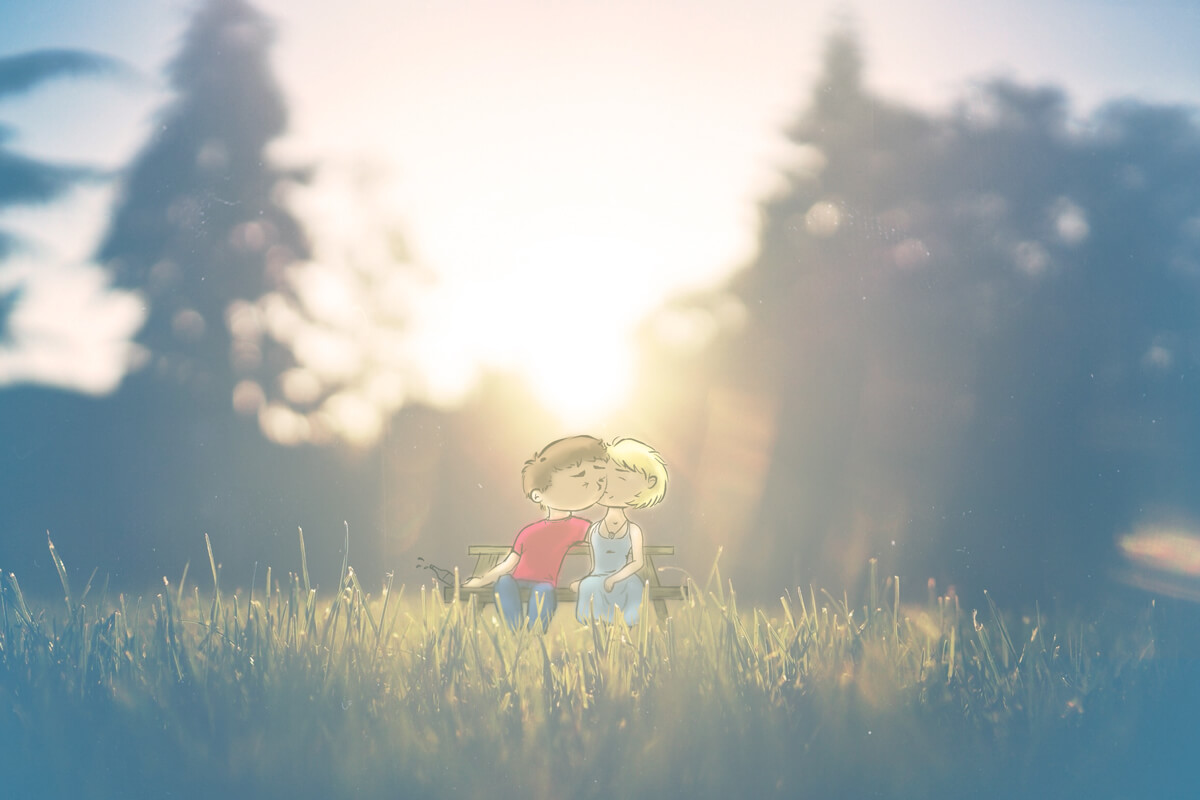 A cartoon boy and girl kiss awkwardly on a picnic table in a sunlit grass clearing.