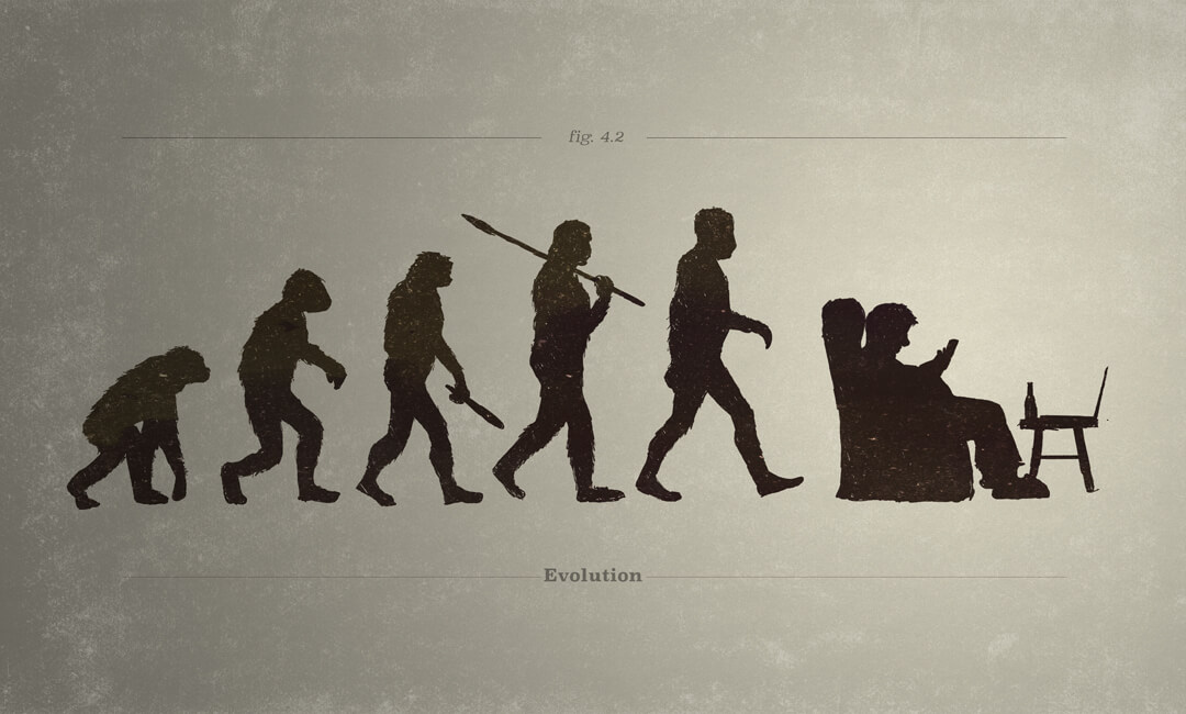 A chart details man's evolution from simian to homo sapien step by step until eventually arriving at an overweight person slouching in an easy chair staring at the smartphone in his hand, beer bottle and laptop visible on the coffee table in front of him.