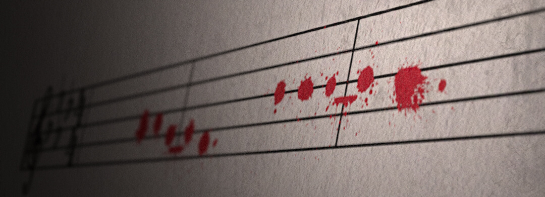 Drops of blood spattered on a blank music staff to create notes