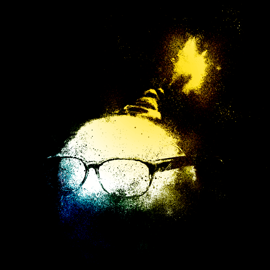 A pitch black scene illuminated only by the lit fuse of a bomb with glasses on its body.