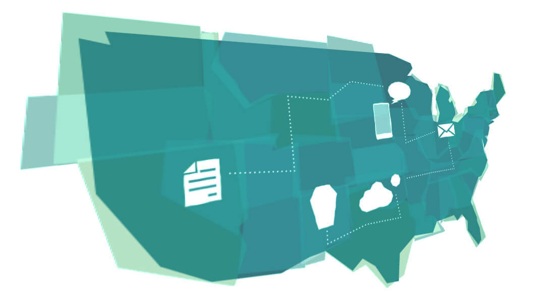 A vectorized map of the United States dotted with icons on important cities.