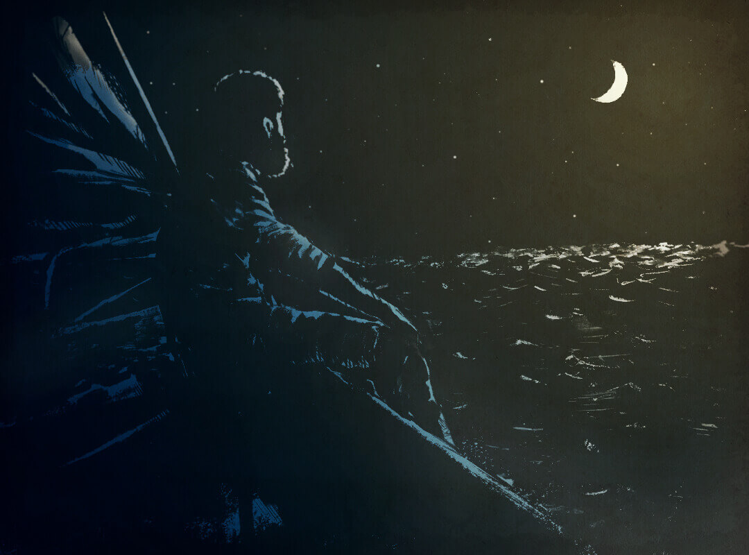 A man alone on a sailboat looks at the moon on the horizon in a starlit night.