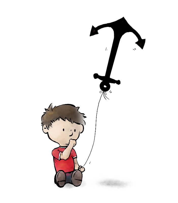 A very young boy sits with an anchor floating by a balloon string above him