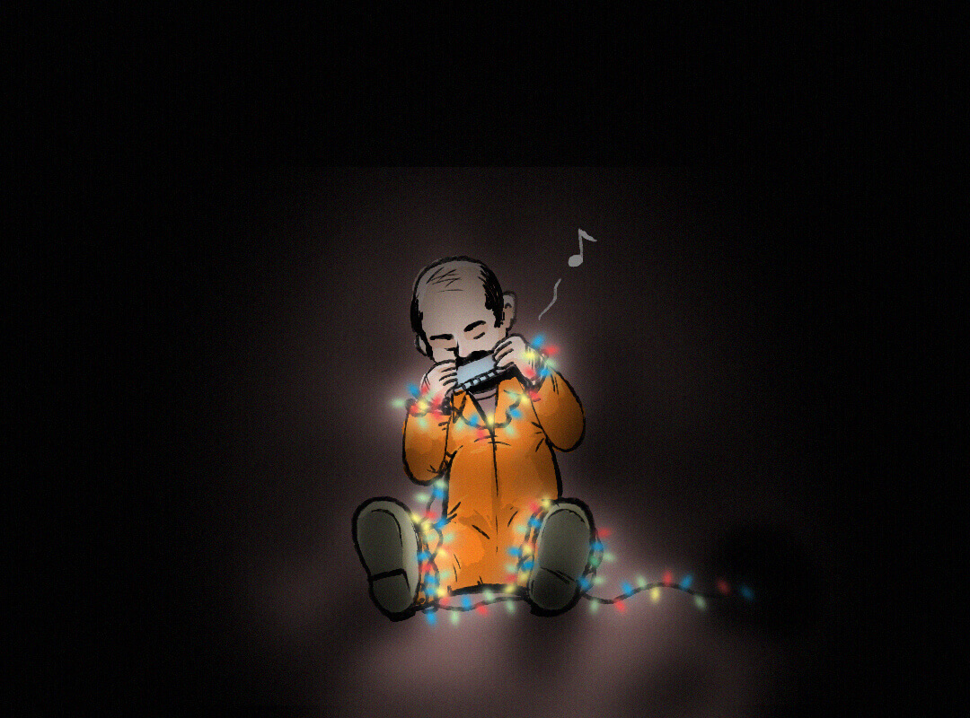 A prisoner sits in the dark, tied up by Christmas lights, playing a harmonica.