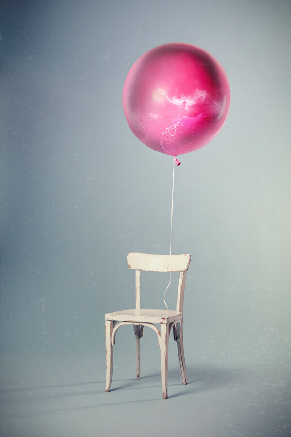 A balloon, tied to a chair in an empty room, floats with a thunderstorm raging inside it.