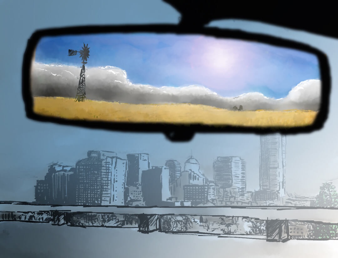 A car driver's view of a sprawling city from the freeway with the plains of Kansas in the background, dark grey storm clouds gathering ominously in the wide blue sky.