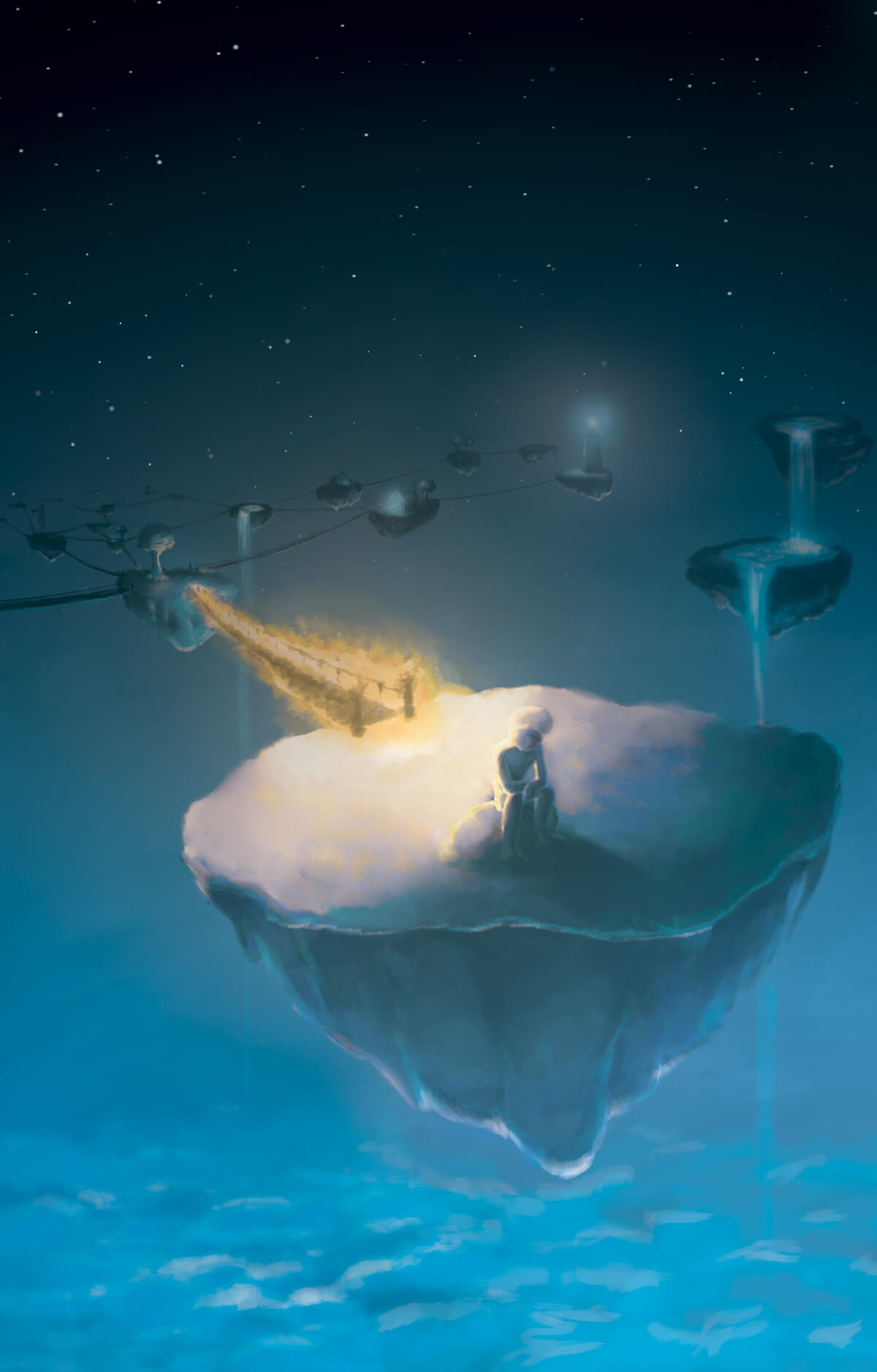 High above the clouds in a starry night sky, a solitary figure sits alone on a floating island, looking down, back turned to the burning bridge behind.