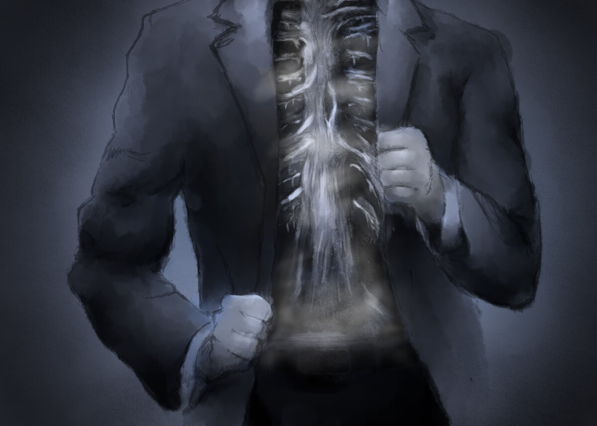 A figure whose face is obscured pulls back his coat, revealing an open torso inside of which sits a leafless, frosted tree in place of a spinal cord and rib cage.